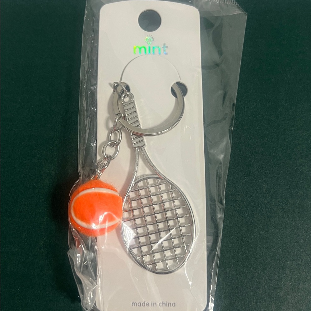 Mint Silver Tennis Racket Keychain with Orange Ball Charm